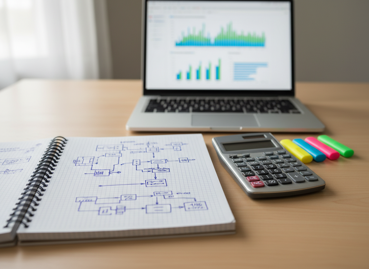 A neatly organized industrial engineering workspace on a light maple desk, featuring an open graph-paper notebook filled with hand-drawn process flow diagrams in precise blue ink, a silver scientific calculator, and a neatly aligned set of colored highlighters. A laptop screen in the background shows a Gantt chart and efficiency graphs, softly blurred to keep focus on the notebook. Natural daylight from an unseen window to the left creates clean, diffused lighting with gentle shadows and subtle reflections on the calculator buttons. Photographic realism at eye-level, with a shallow depth of field, conveys a calm, focused, professional atmosphere suitable for a high school research blog header.